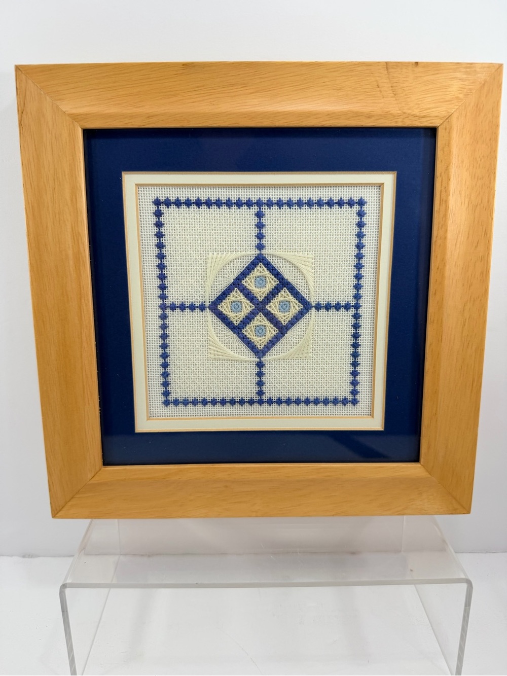 Vintage Blue & White Geometric Needlepoint | 10x10 Grandmacore Chinoiserie Art